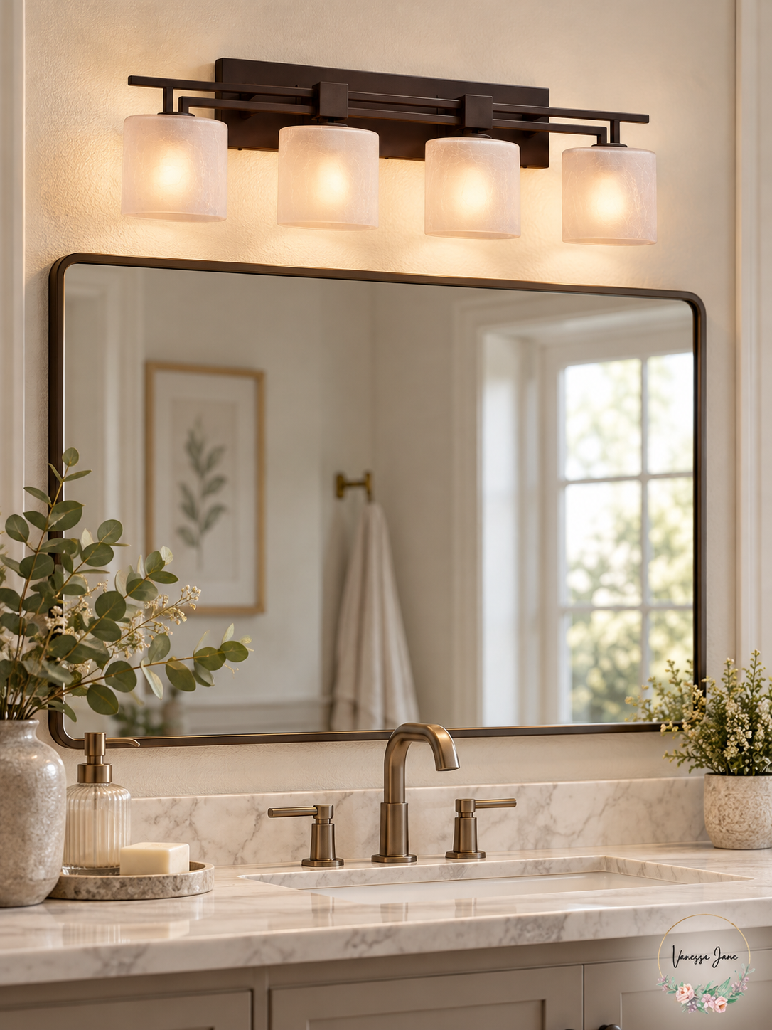 Justice Design Group Aero four-light vanity light in a bathroom setting