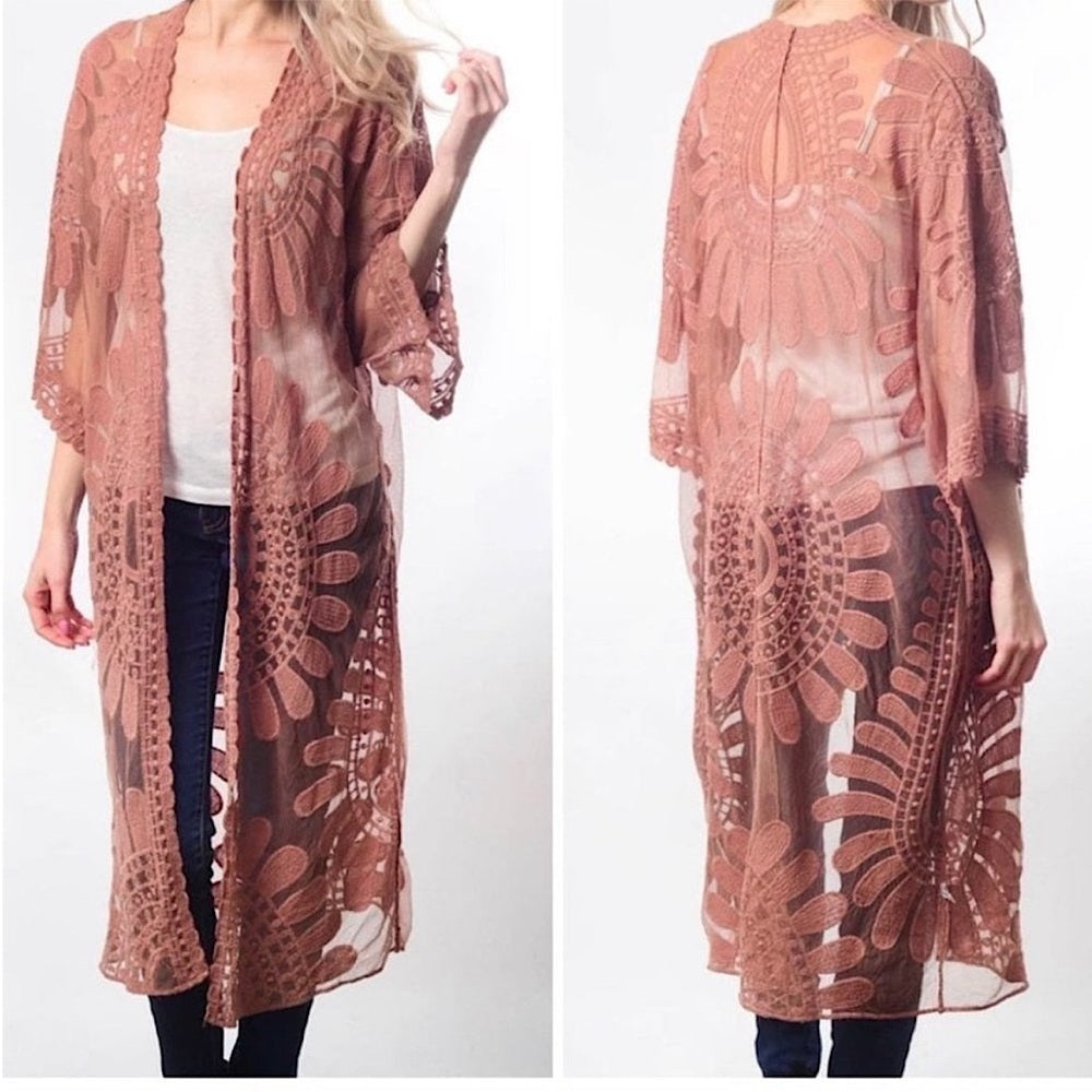 Rebellion Again Mauve Long Lace Kimono Duster