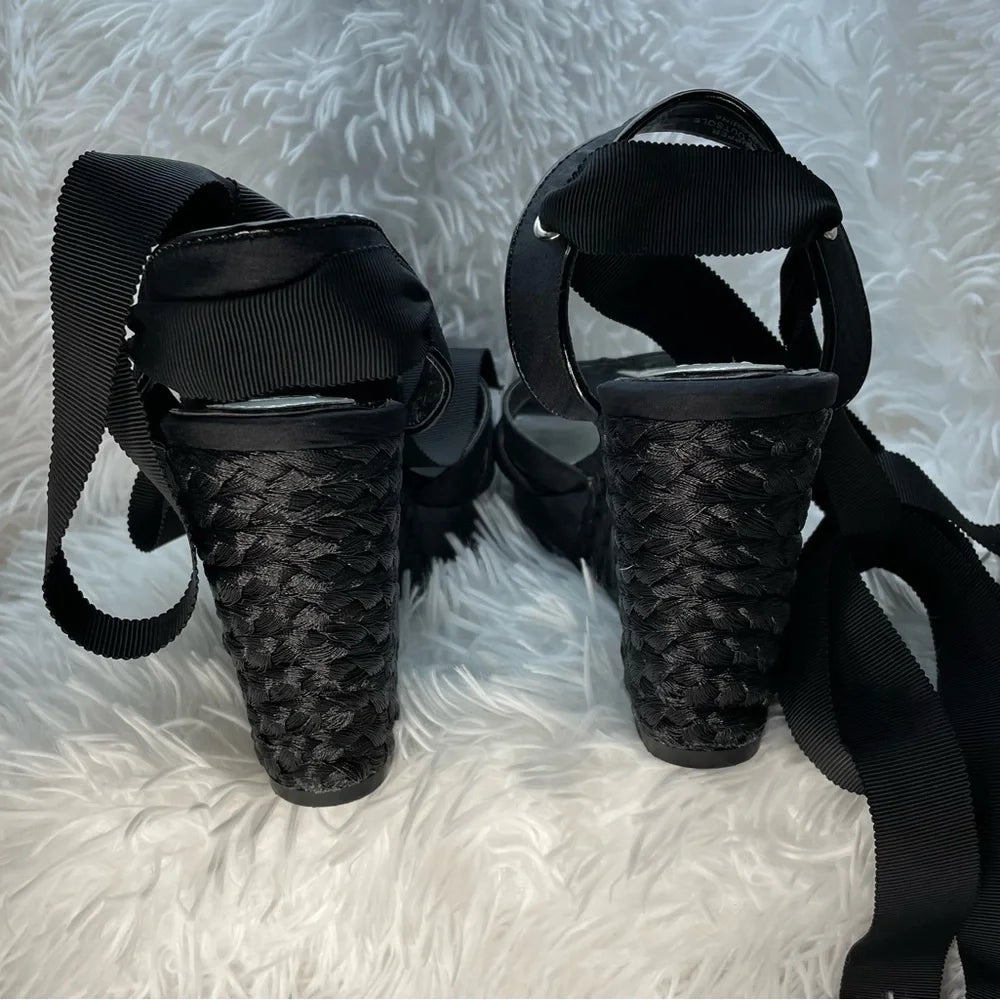 White House Black Market | Jenica Espadrille Black Lace-up Wedge Sandal Size 9