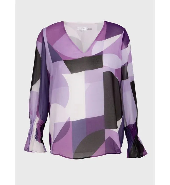 Calvin Klein Pleated-Sleeve Abstract-Print Top, Size Small