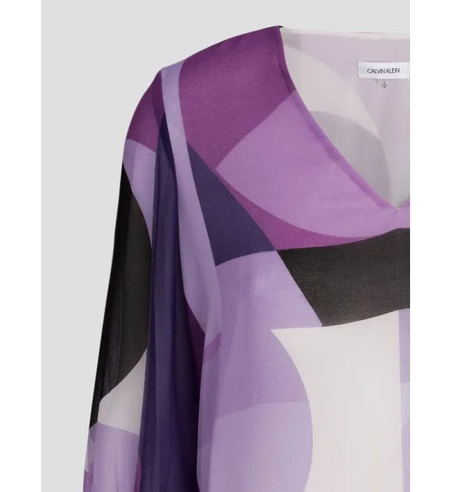 Calvin Klein Pleated-Sleeve Abstract-Print Top, Size Small