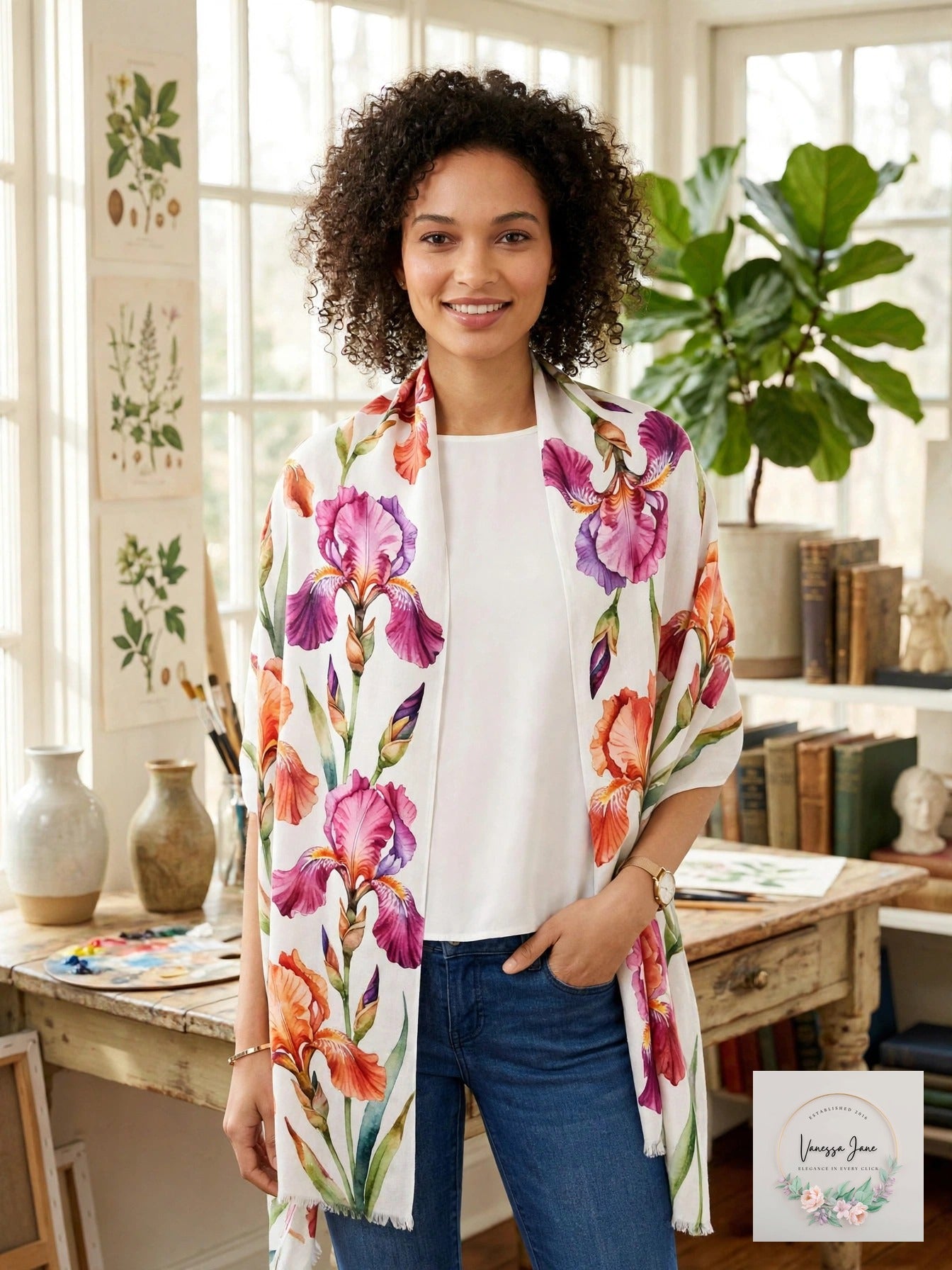 INC Inked Iris Wrap in Papaya worn over white top and jeans