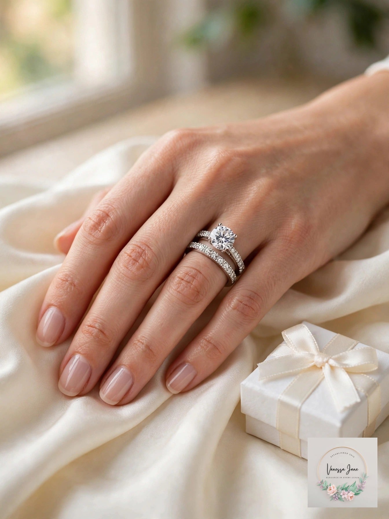 Charter Club CZ Solitaire Engagement Ring Set, 2 Bands, Size 5 NWT