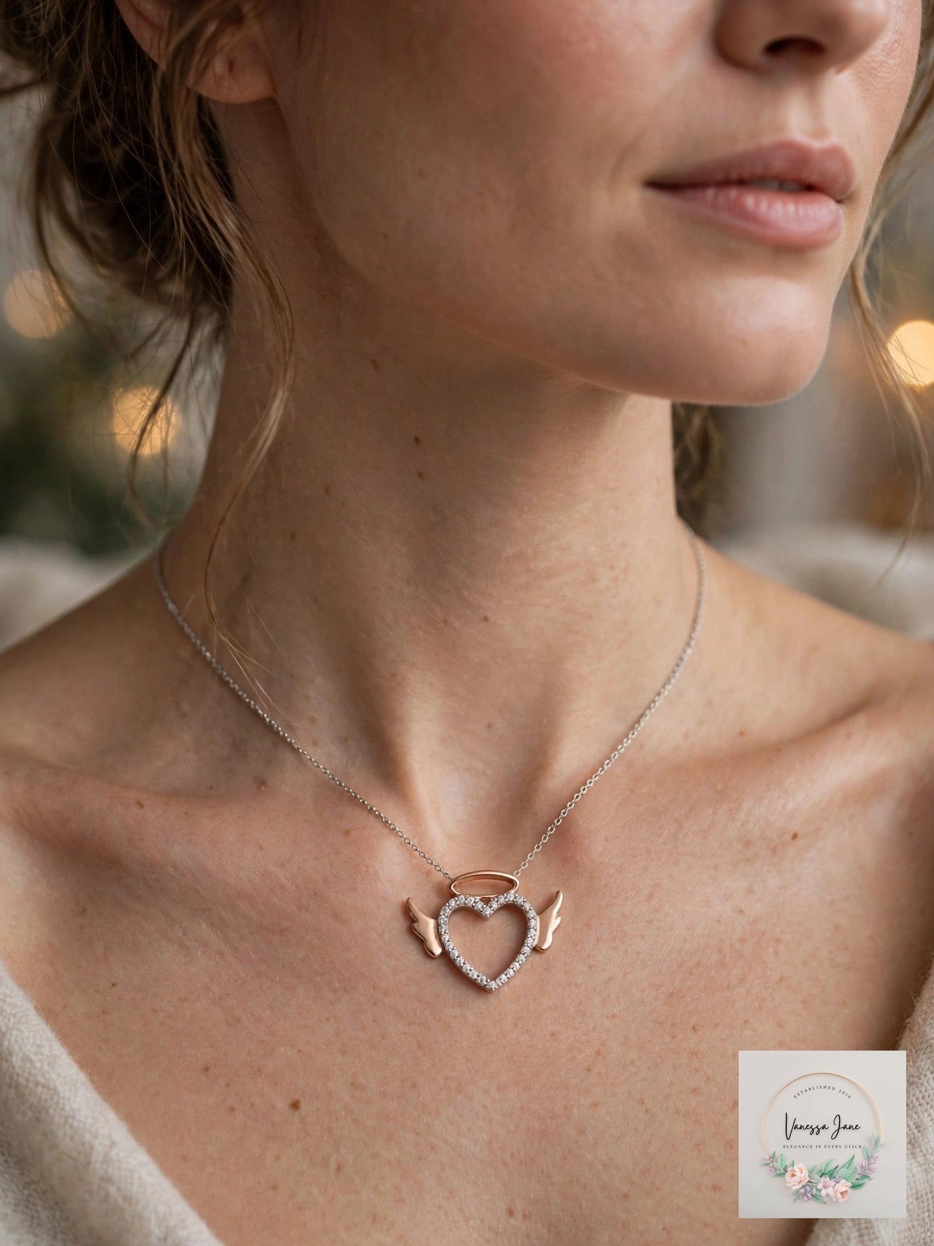 925 Sterling Silver Rose Gold-Tone Angel Heart Halo Pendant NWT