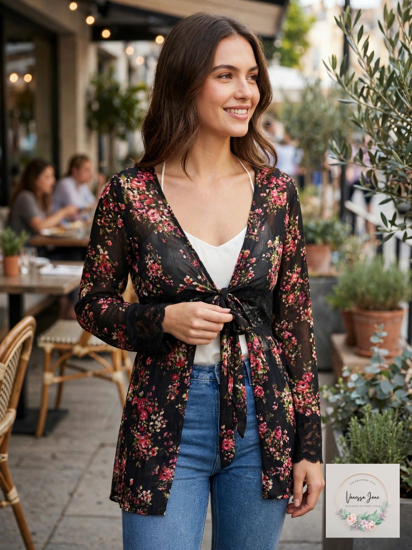 Sweet Rain Black Floral Sheer Lace-Trim Kimono Wrap Top, Size S NWT