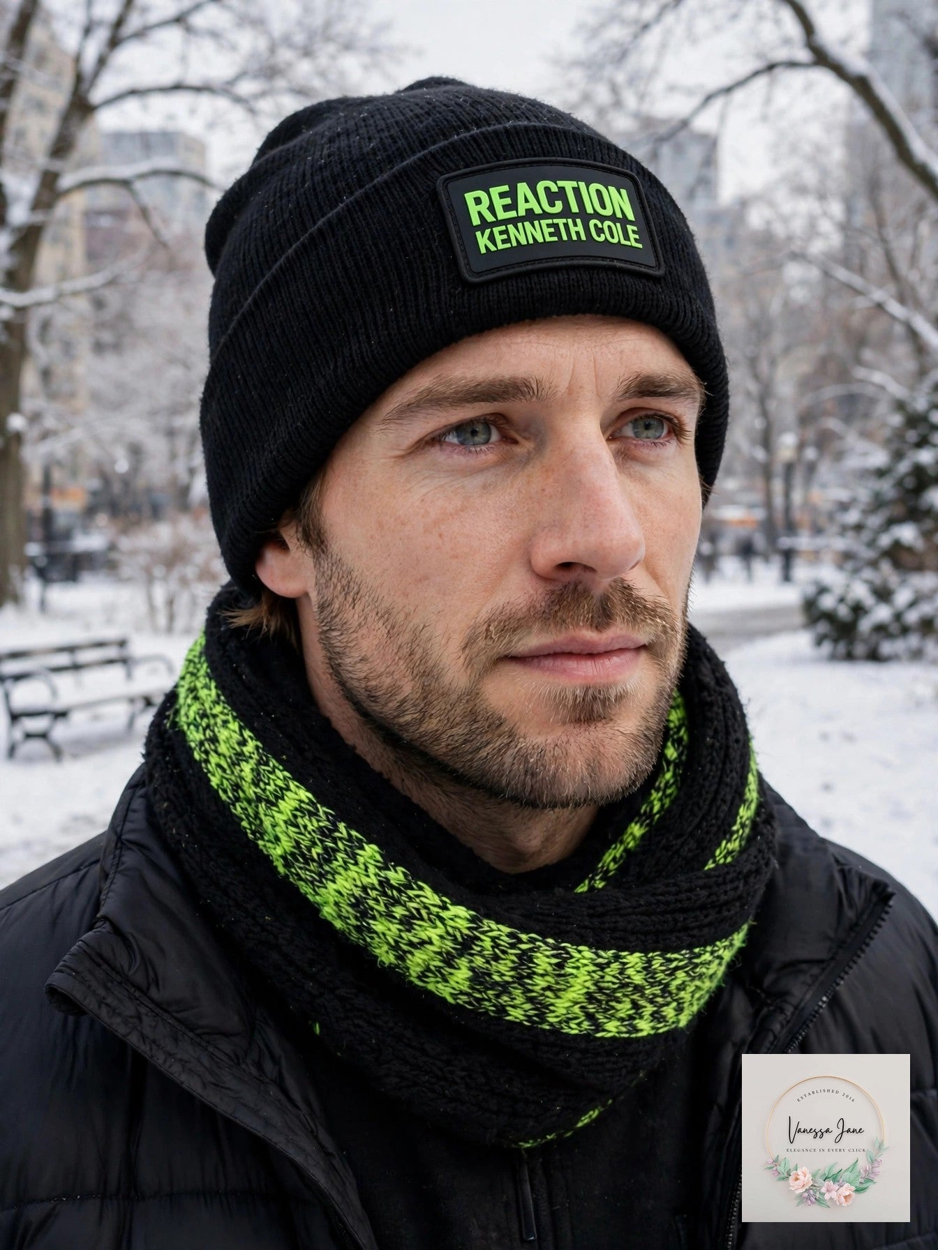Kenneth Cole Reaction Mens Neon Beanie and Scarf Set, NWT