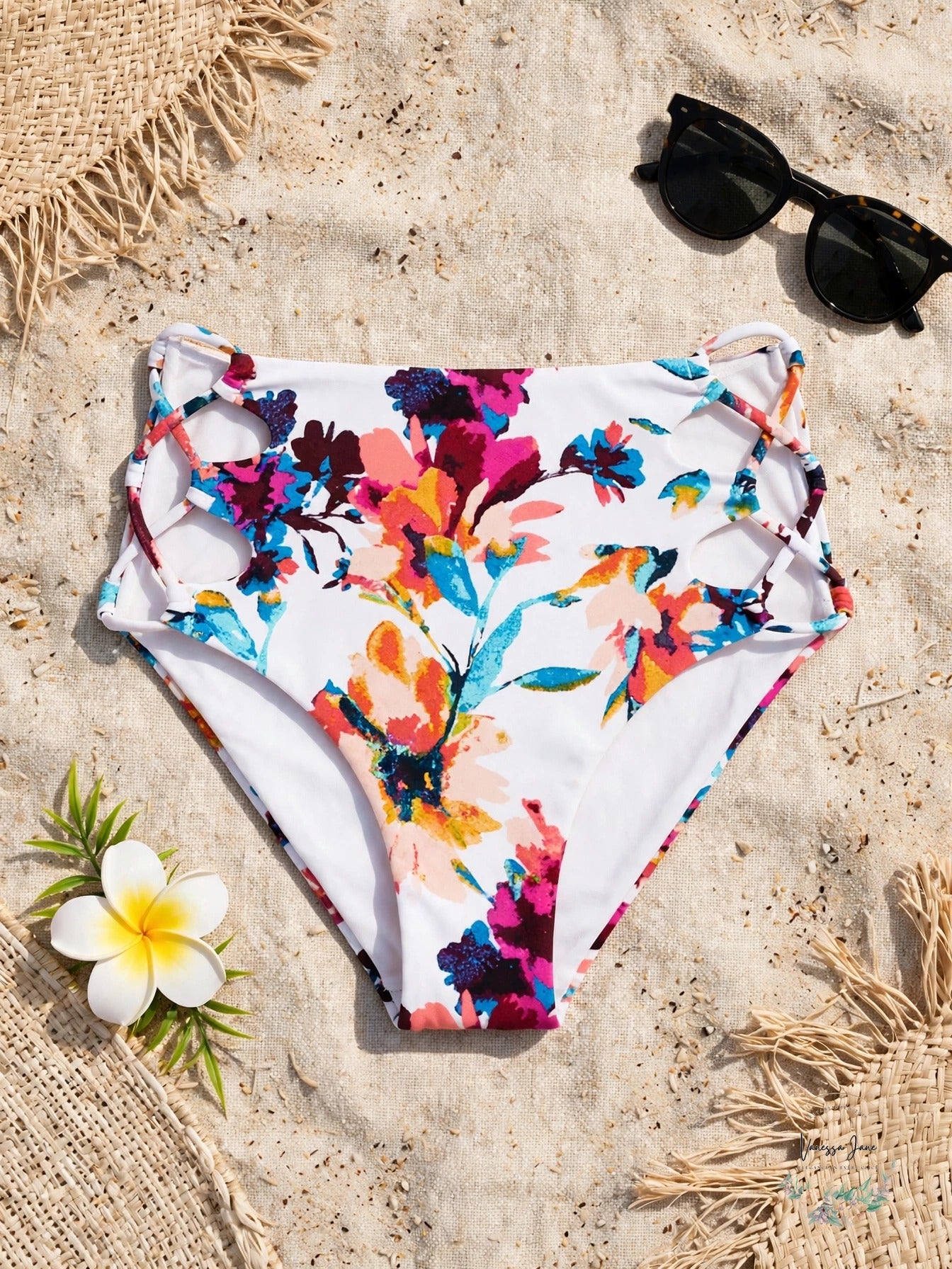 Bar III Womens Floral Lined Lace-Up High Waist Bikini Bottoms White Multi