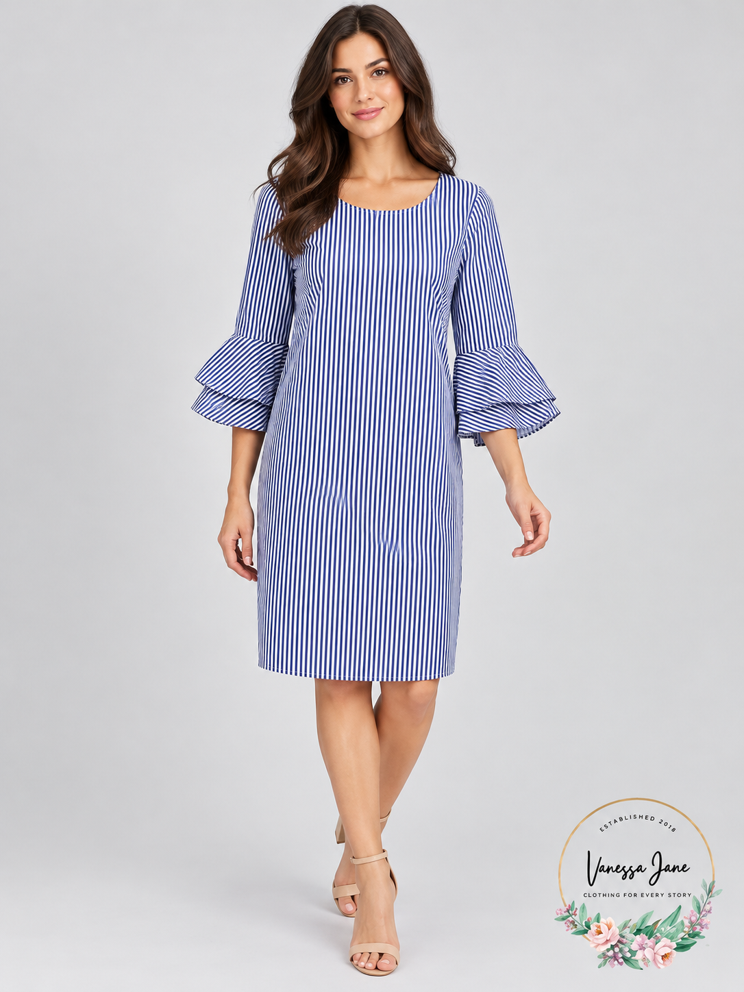 Nine West Blue White Striped Bell-Sleeve Shift Dress Size 6