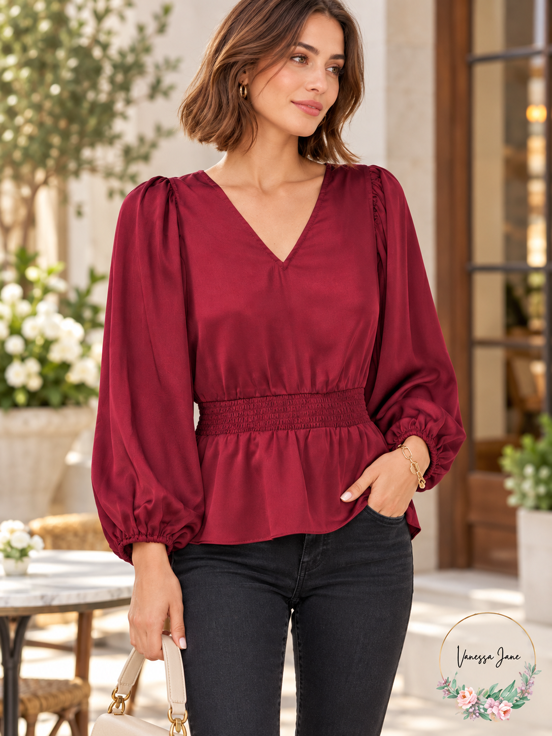 Vince Camuto Women's Wine Smocked Peplum V-Neck Blouse Medium