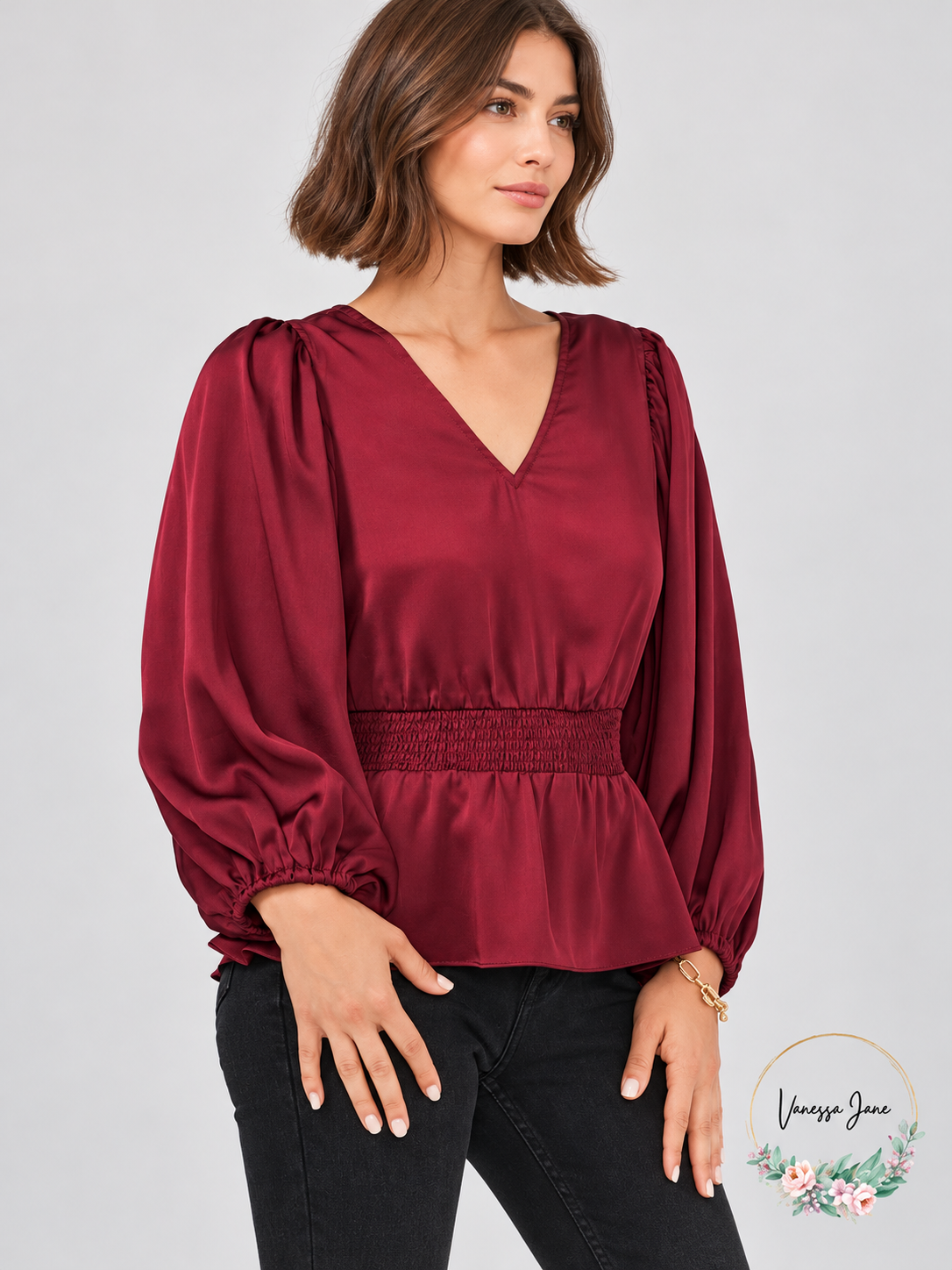 Vince Camuto Women's Wine Smocked Peplum V-Neck Blouse Medium