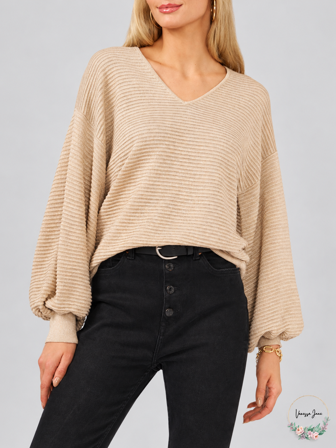 Vince Camuto Women's Gold V-Neck Blouson-Sleeve Sweater XL