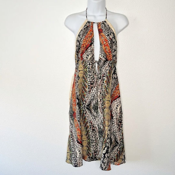LaRok Halter Printed Open Back Sexy Womens Sun Dress Silk Size Medium