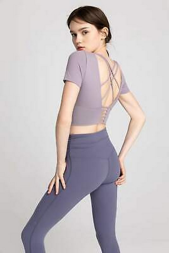 J.INE Powdered Violet Strappy Performance Crop, Size Medium