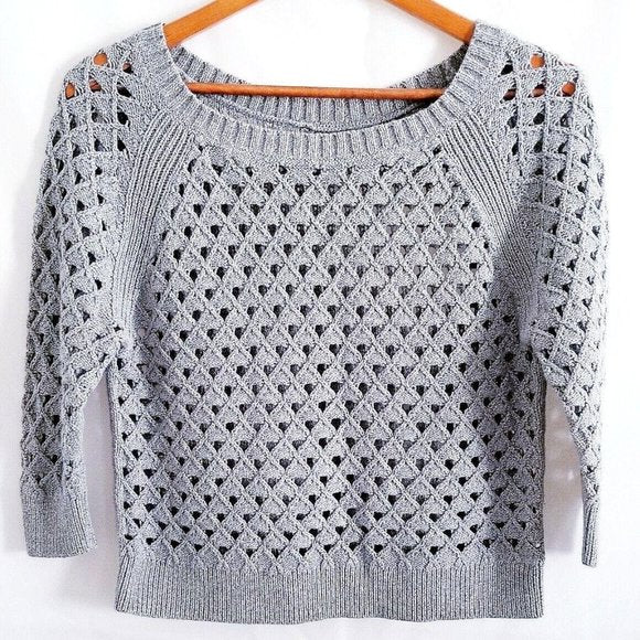 American Eagle Outfitters Open Cable Knit 3/4 Sleeve Sweater Gray Medium