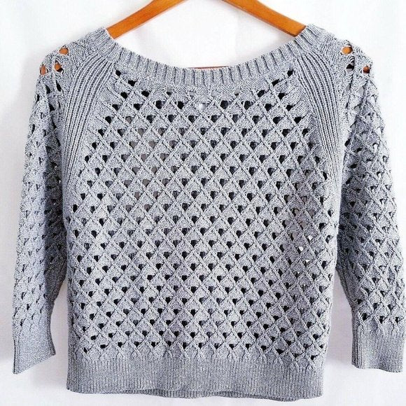 American Eagle Outfitters Open Cable Knit 3/4 Sleeve Sweater Gray Medium