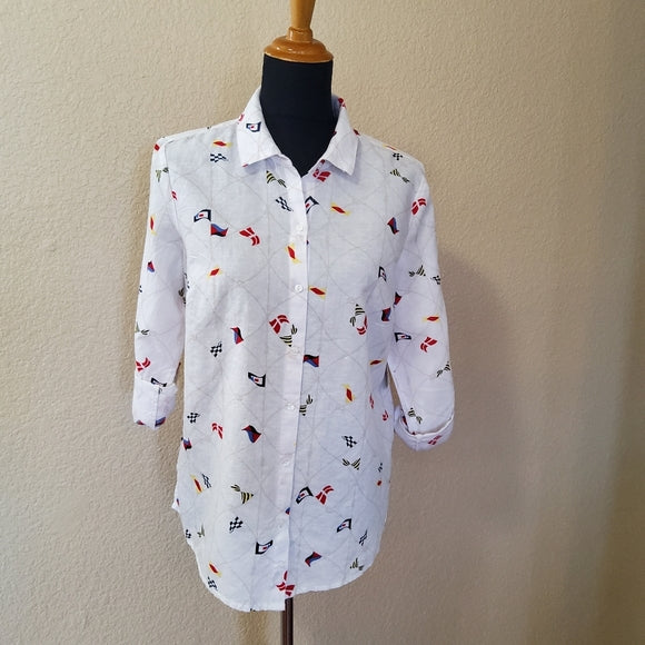 Charter Club Linen Nautical-Print Blouse, Size XS