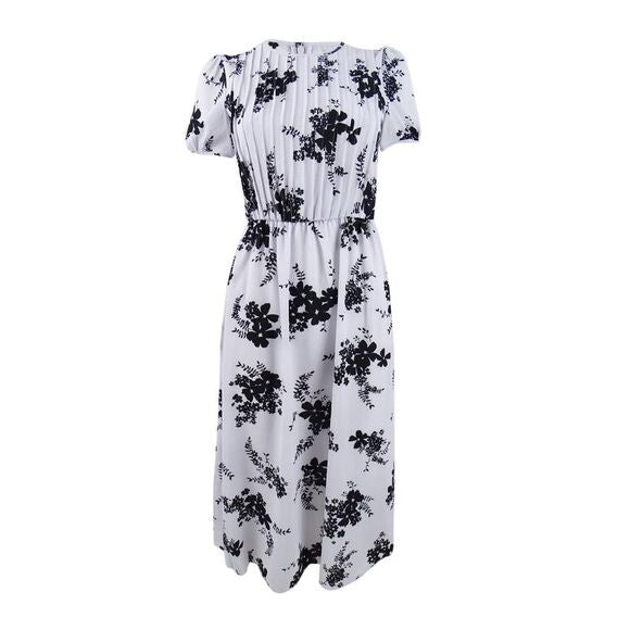 Michael Kors Womens Pleated Floral Short Sleeve Dress, Size Large