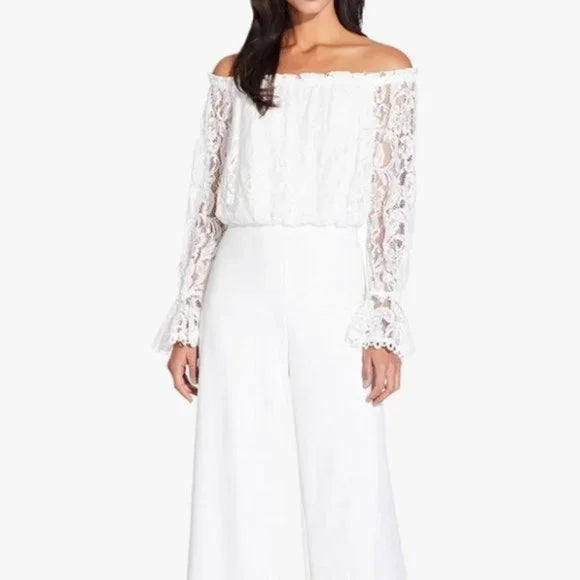 Adrianna Papell Off-the-Shoulder Lace Jumpsuit, Size 8