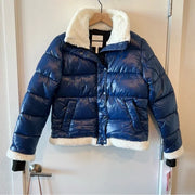 Avec Les Filles Shiny Cropped Sherpa Lined Puffer Coat Jacket in Blue, Size M