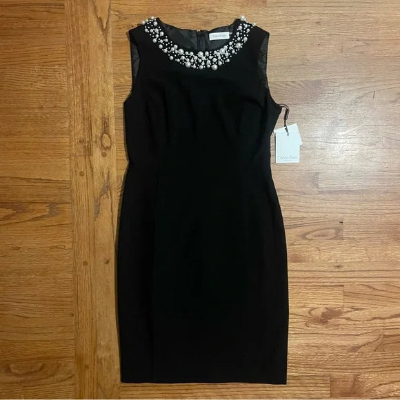 Calvin Klein Women's Petite Beaded Jewel Neck Dress, Size 12P