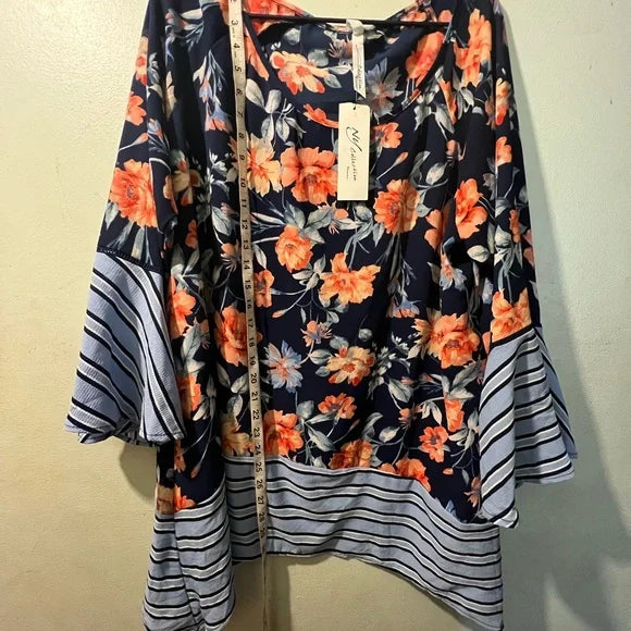 NY Collection Plus Size Mixed Print Bell-Sleeve Blouse Blue, Size 1X