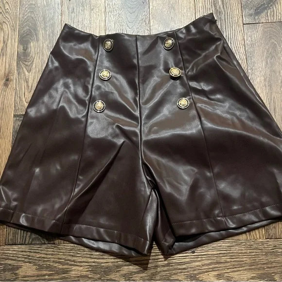 Fashion On Earth Faux Leather Brown Shorts-Small