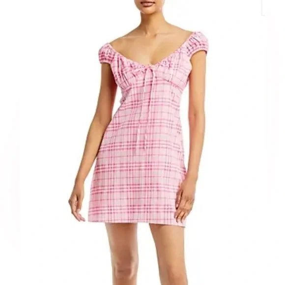 Wayf Plaid Off-the-Shoulder Mini Dress