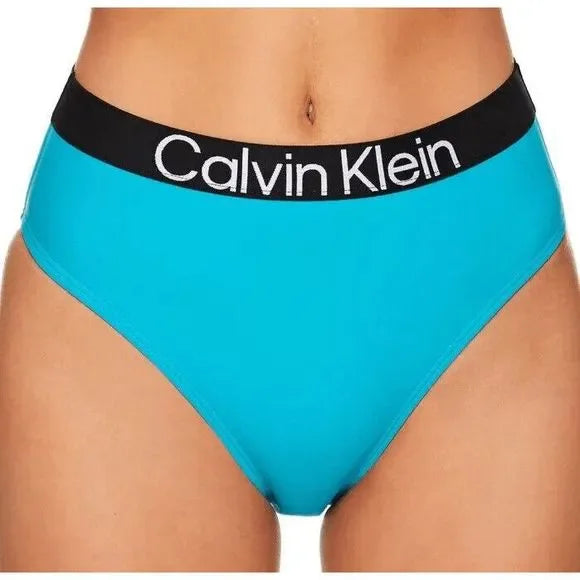 Calvin Klein Womens High-Waist Logo-Elastic Bikini Bottoms - Tropical Waters L