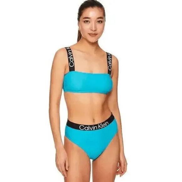 Calvin Klein Womens High-Waist Logo-Elastic Bikini Bottoms - Tropical Waters L