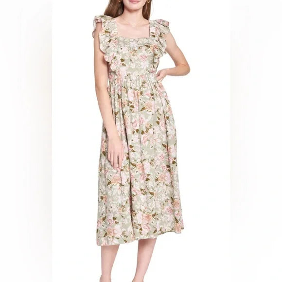 En Saison Maris Floral a-Line Dress in Sage, Size Medium