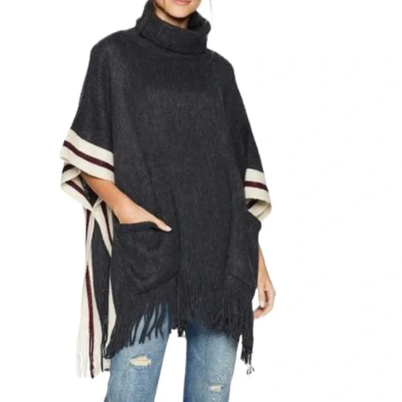 Steve Madden Metallic-Stripe Fringe Poncho, OS