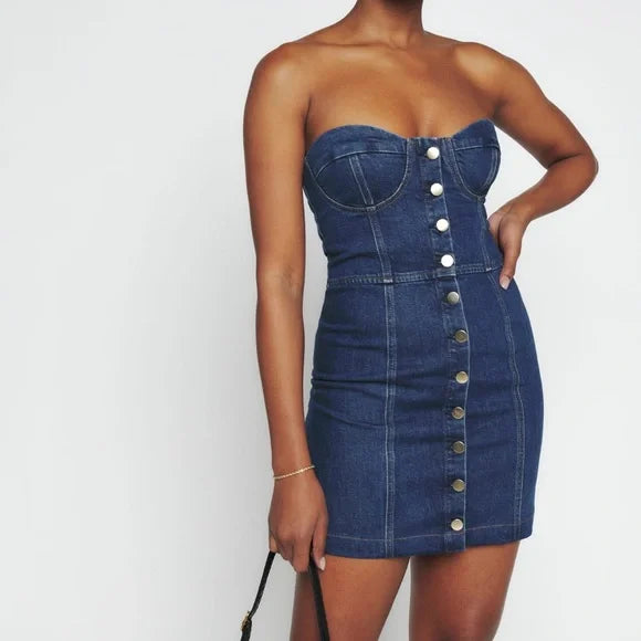 Reformation Nikki Strapless Bustier Denim Mini Dress, Size 10 Vanessa Jane Reformation Nikki Strapless Bustier Denim Mini Dress, Size 10 Vanessa Jane