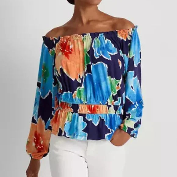 Ralph Lauren Floral Womens Multicolor Ruffle Peplum Off the Shoulder top, size M