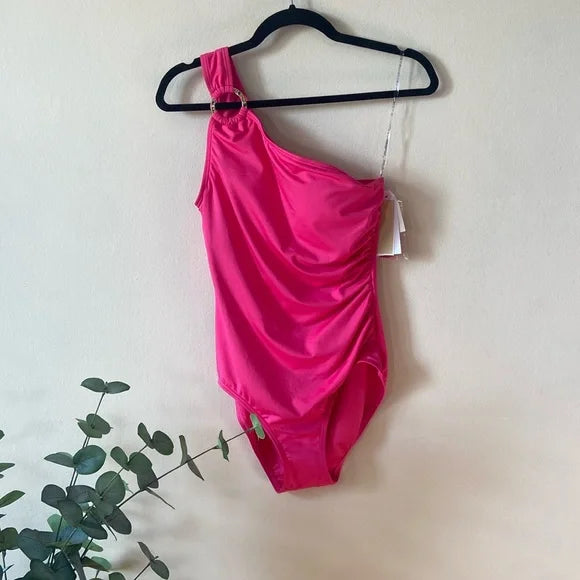 Michael Kors Iconic Solids One Shoulder One-Piece Swimsuit Cerise Size 16