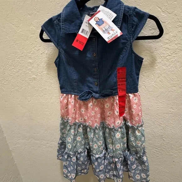 Zunie Denim and Floral Tiered Dress Youth Denim f Size Medium 10/12