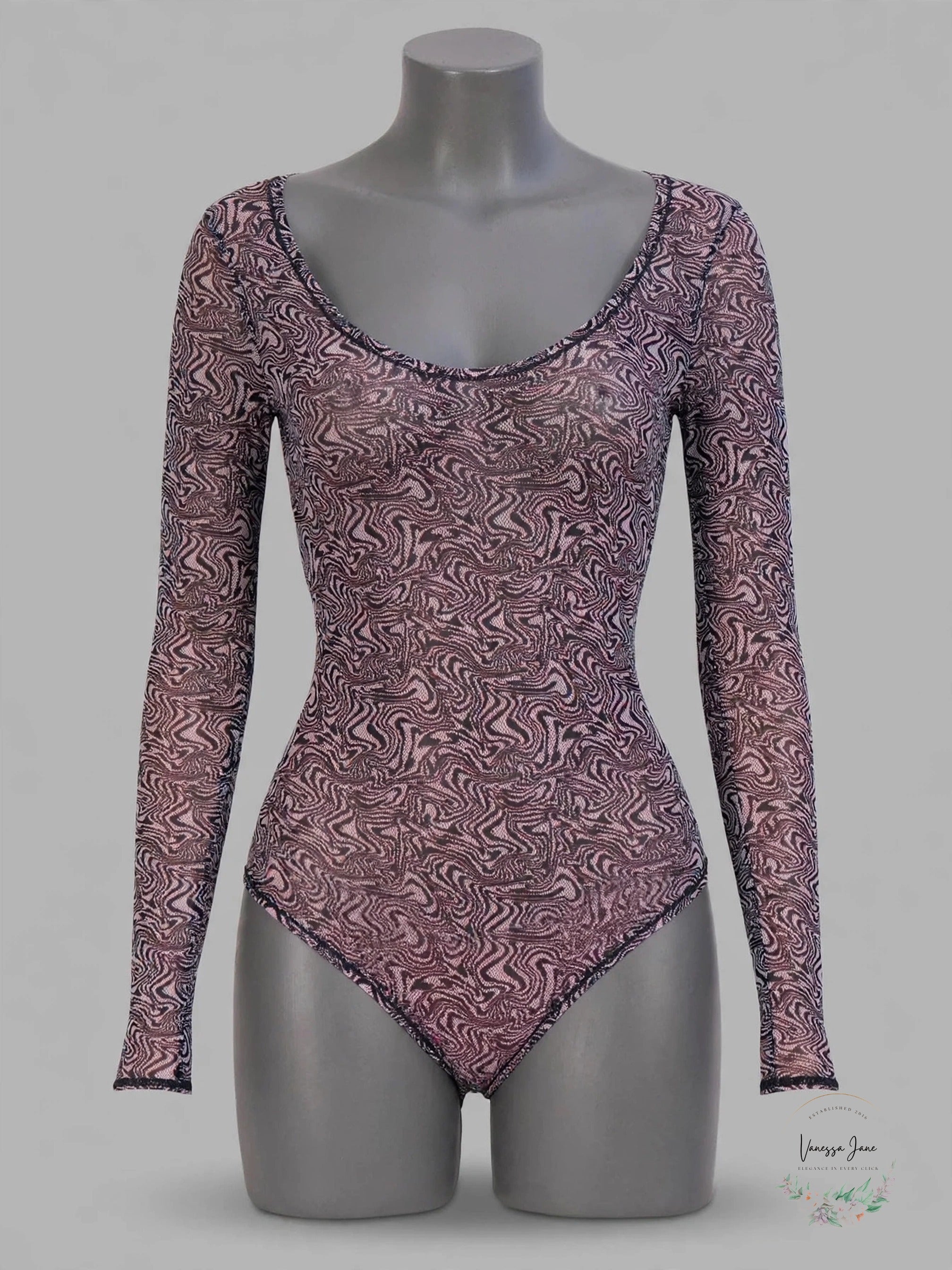 Steve Madden Women's Long-Sleeve Mesh Bodysuit Cheetah & Marble SM11841
