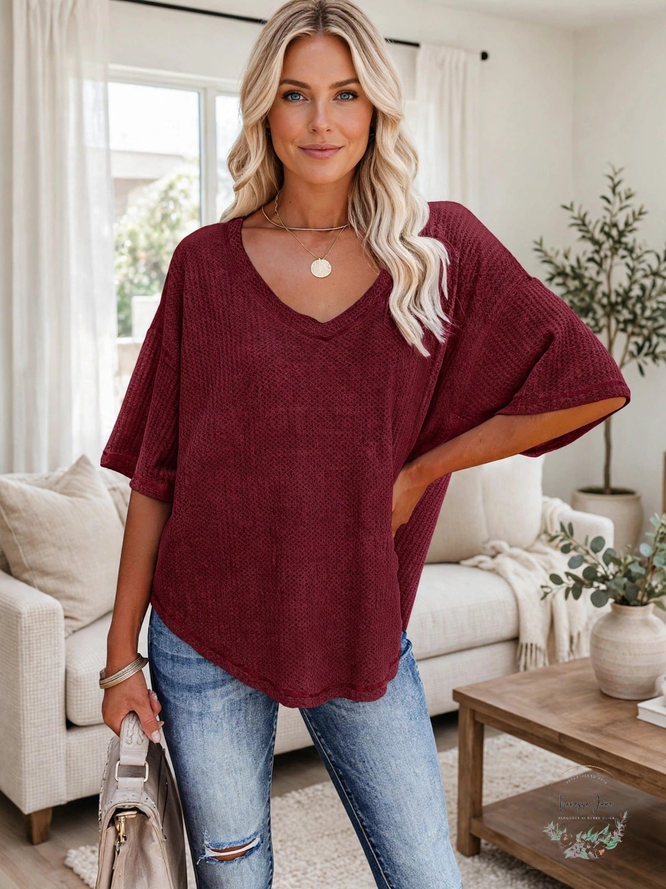 Merokeety Women's V-Neck Batwing Waffle Knit Loose Blouse Wine, Size M