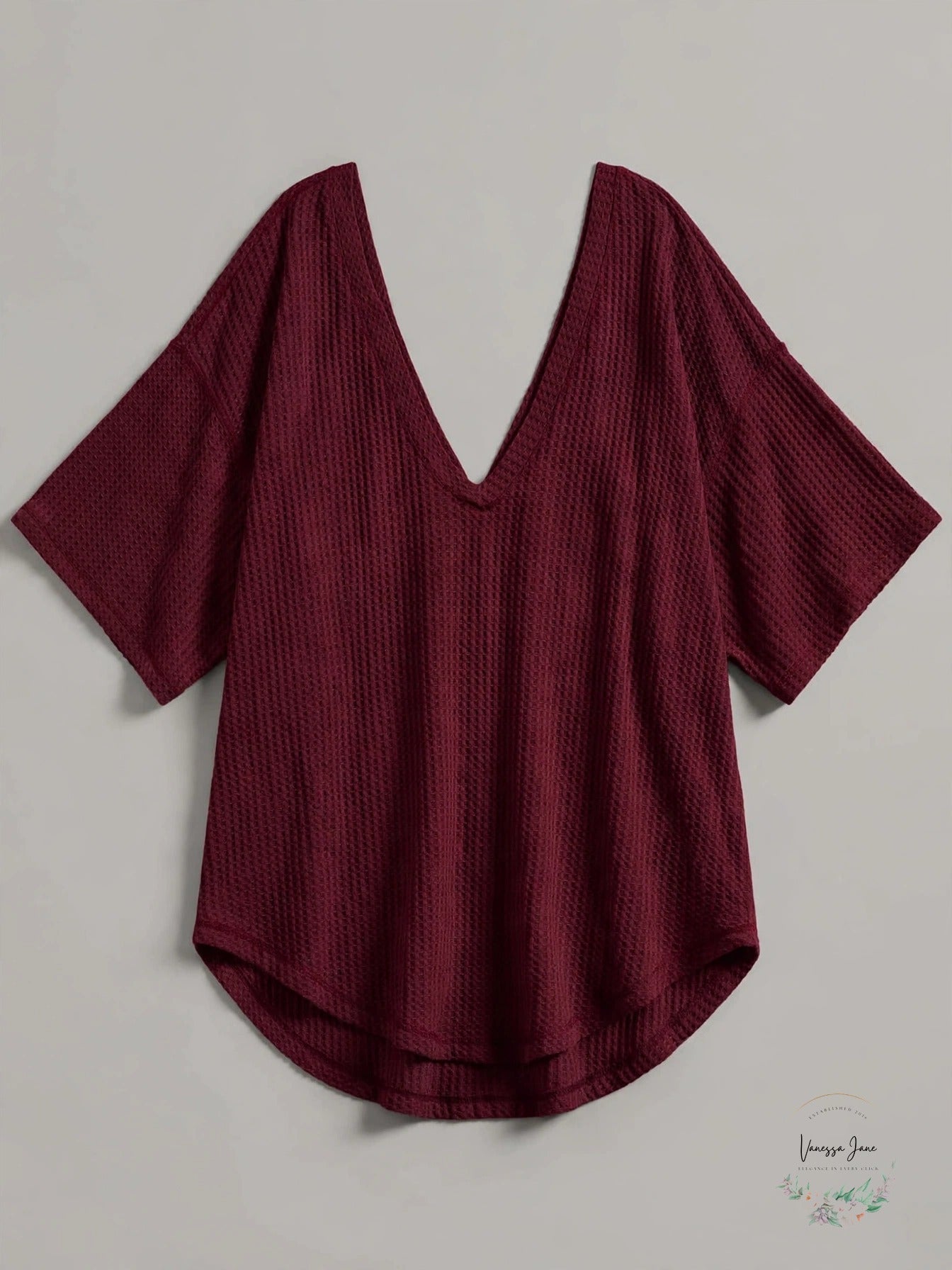 Merokeety Women's V-Neck Batwing Waffle Knit Loose Blouse Wine, Size M