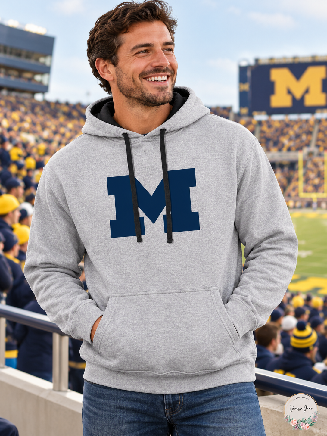 Michigan Wolverines gray pullover hoodie lifestyle