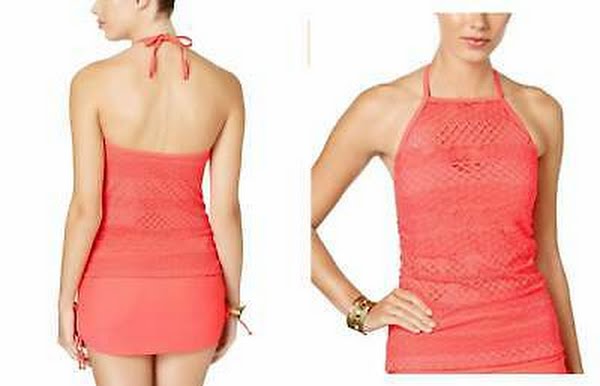 Island Escape Womens Sky High-Neck Crochet Tankini Top