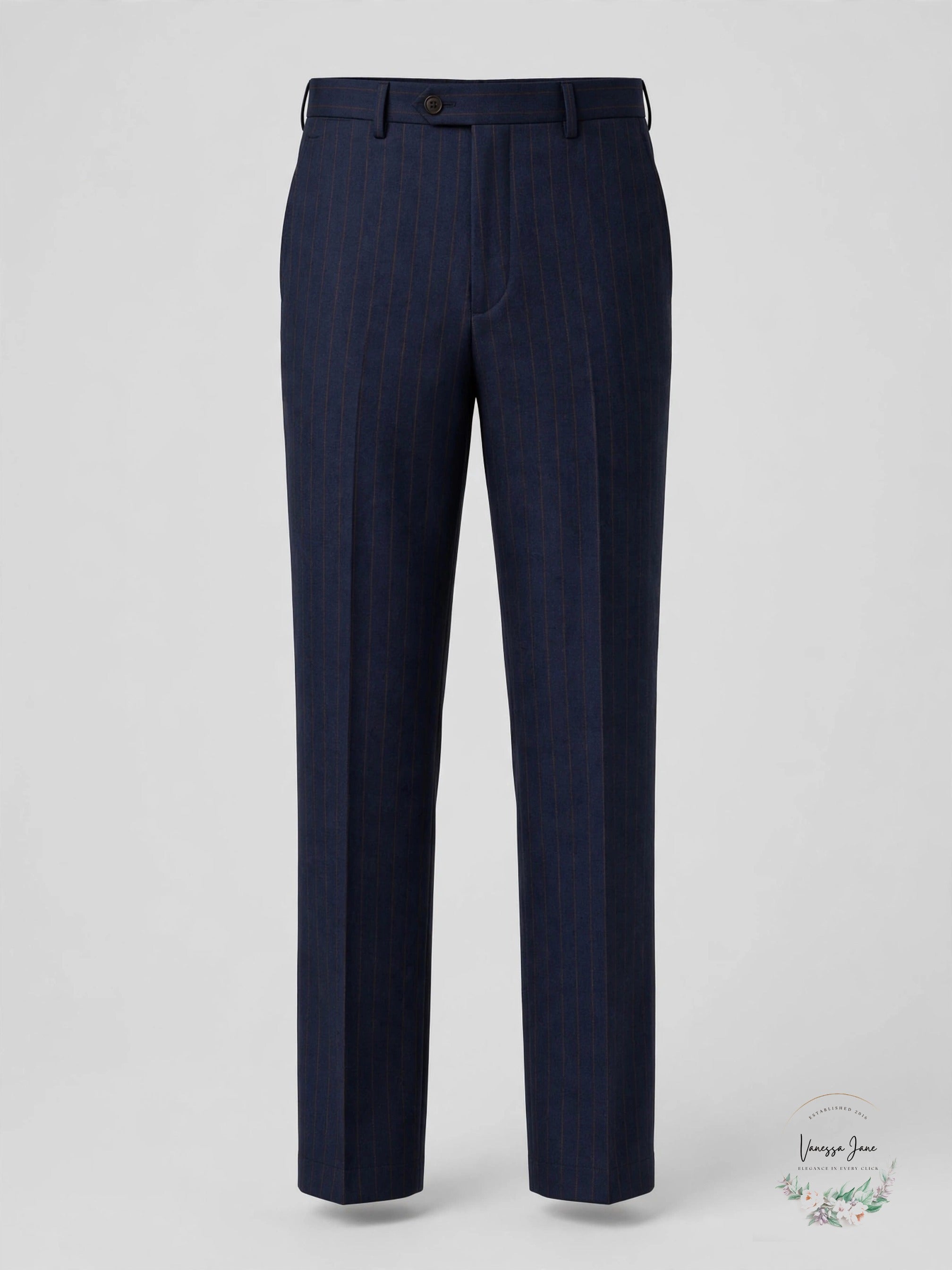 Calvin Klein 100% Wool Natural Stretch Dress Pants, Navy with Brown Stripes - front view