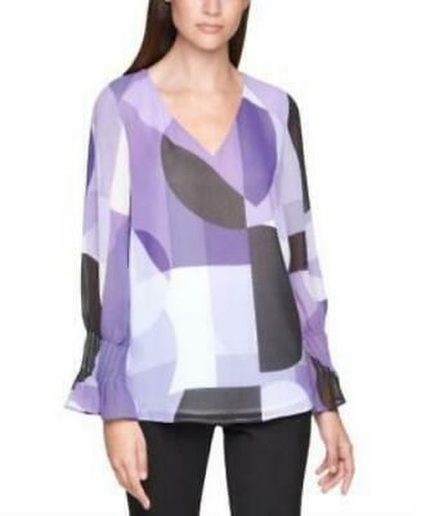 Calvin Klein Pleated-Sleeve Abstract-Print Top, Size Small