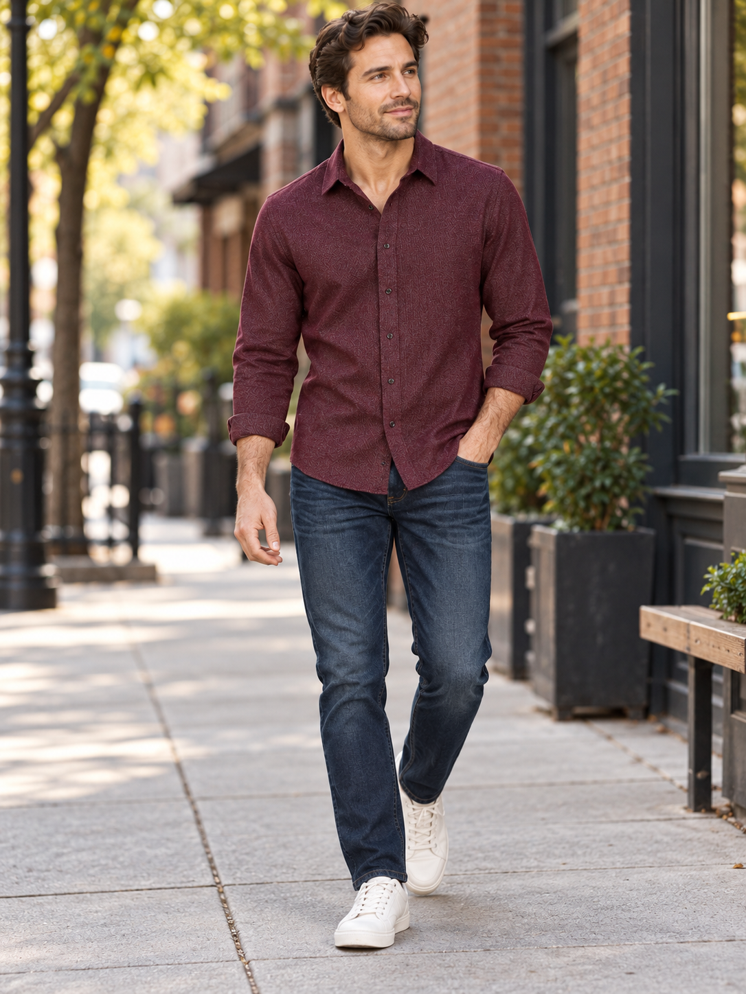 American Rag Matt shirt in dark scarlet on a model
