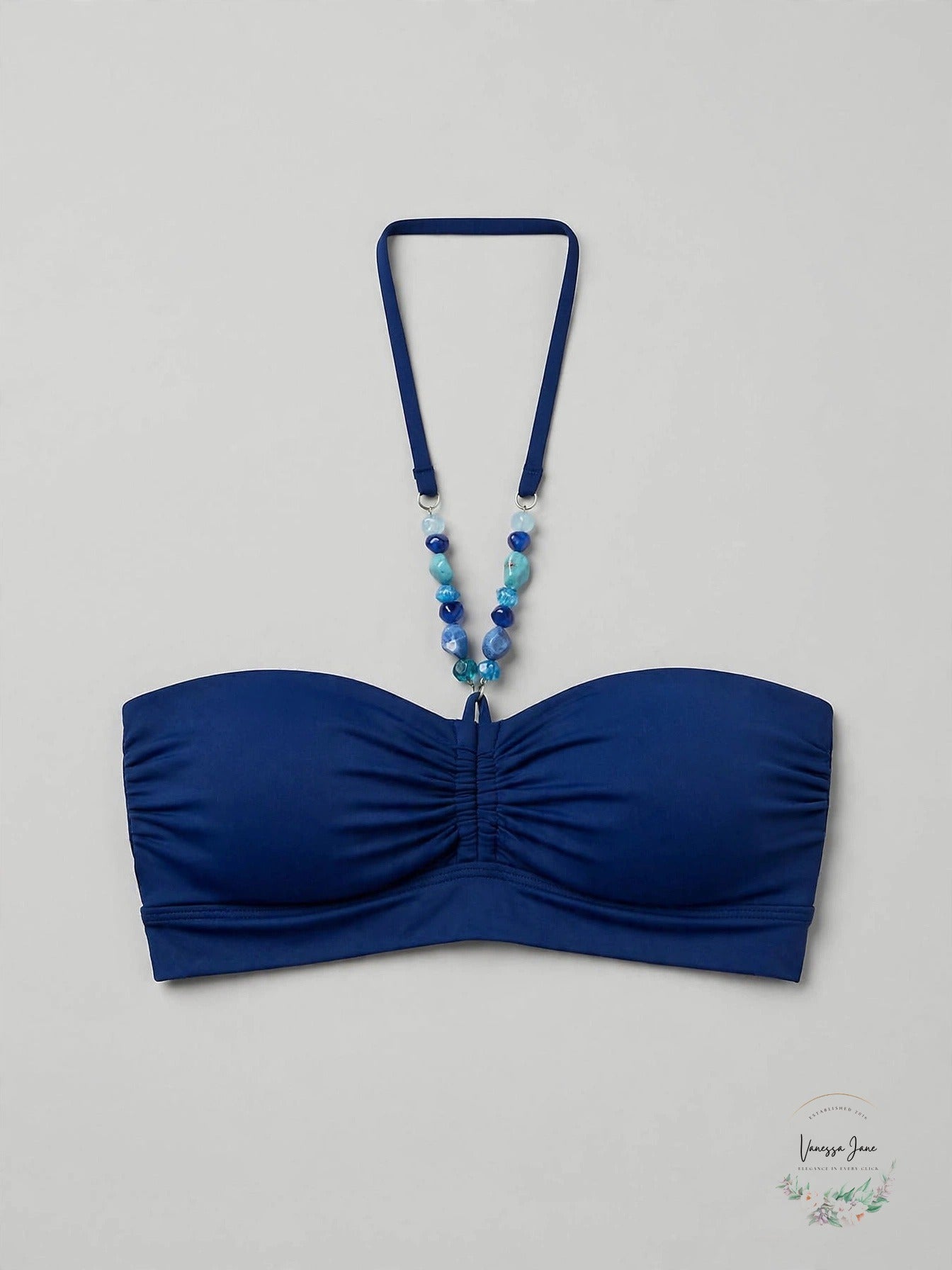 Ralph Lauren Beaded Halter Long Line Bandeau Bikini Top Indigo, Size 8