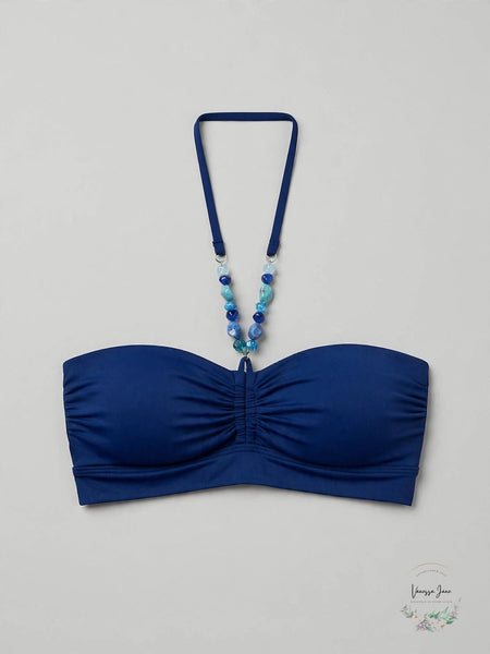Ralph Lauren Beaded Halter Long Line Bandeau Bikini Top Indigo, Size 8