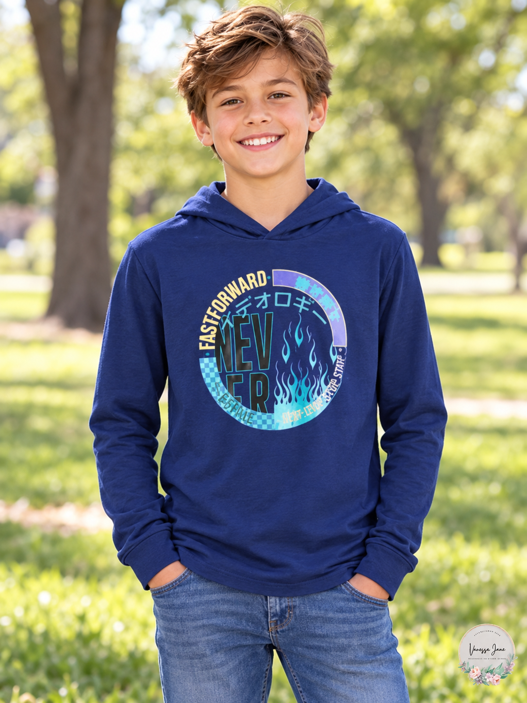 Ideology Boys' Graphic Long-Sleeve Hooded T-Shirt L XL Teal Blue Black
