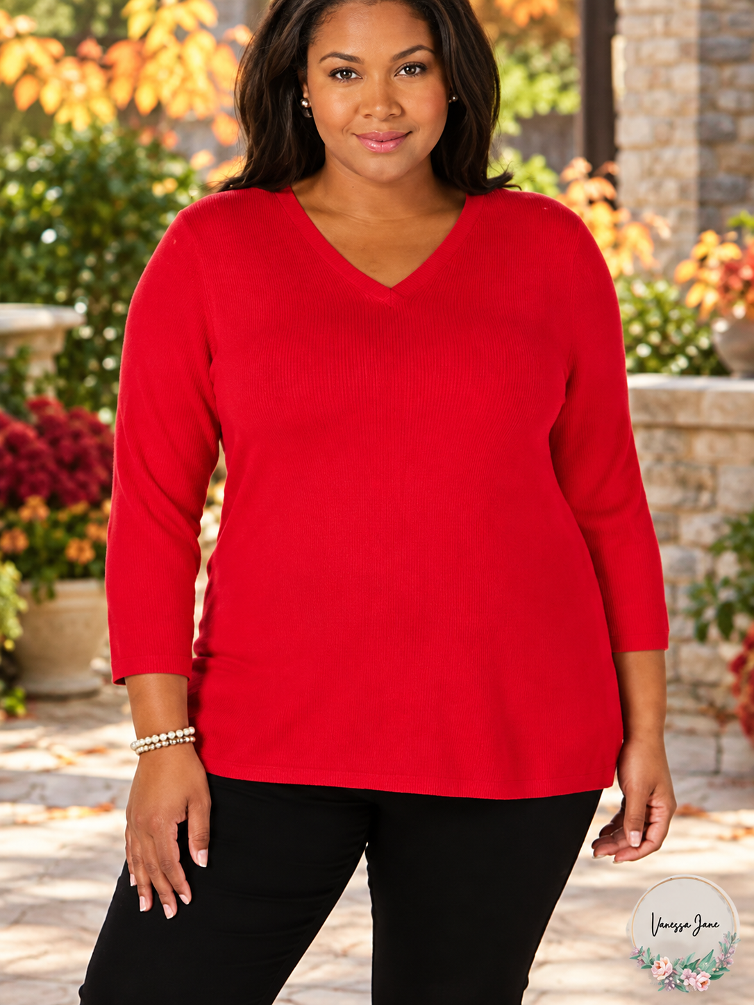 Karen Scott Women's Plus V-Neck Ribbed Pullover Sweater 1X Red