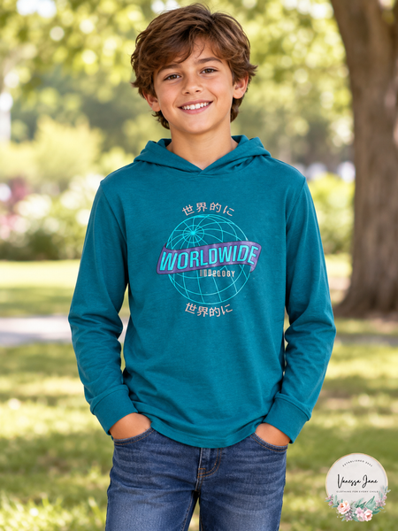 Ideology Boys' Graphic Long-Sleeve Hooded T-Shirt L XL Teal Blue Black