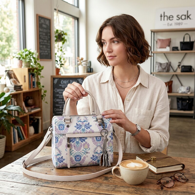 The Sak Alameda Satchel Crossbody Bag Stone Flowing Floral Leather Top Zip