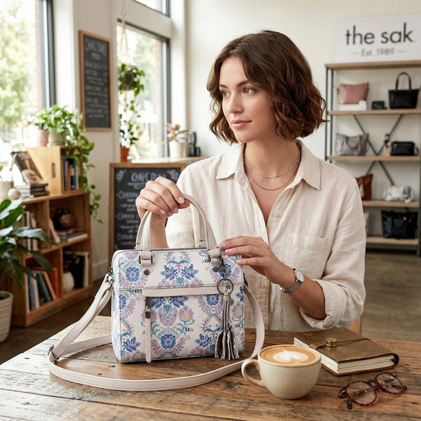 The Sak Alameda Satchel Crossbody Bag Stone Flowing Floral Leather Top Zip